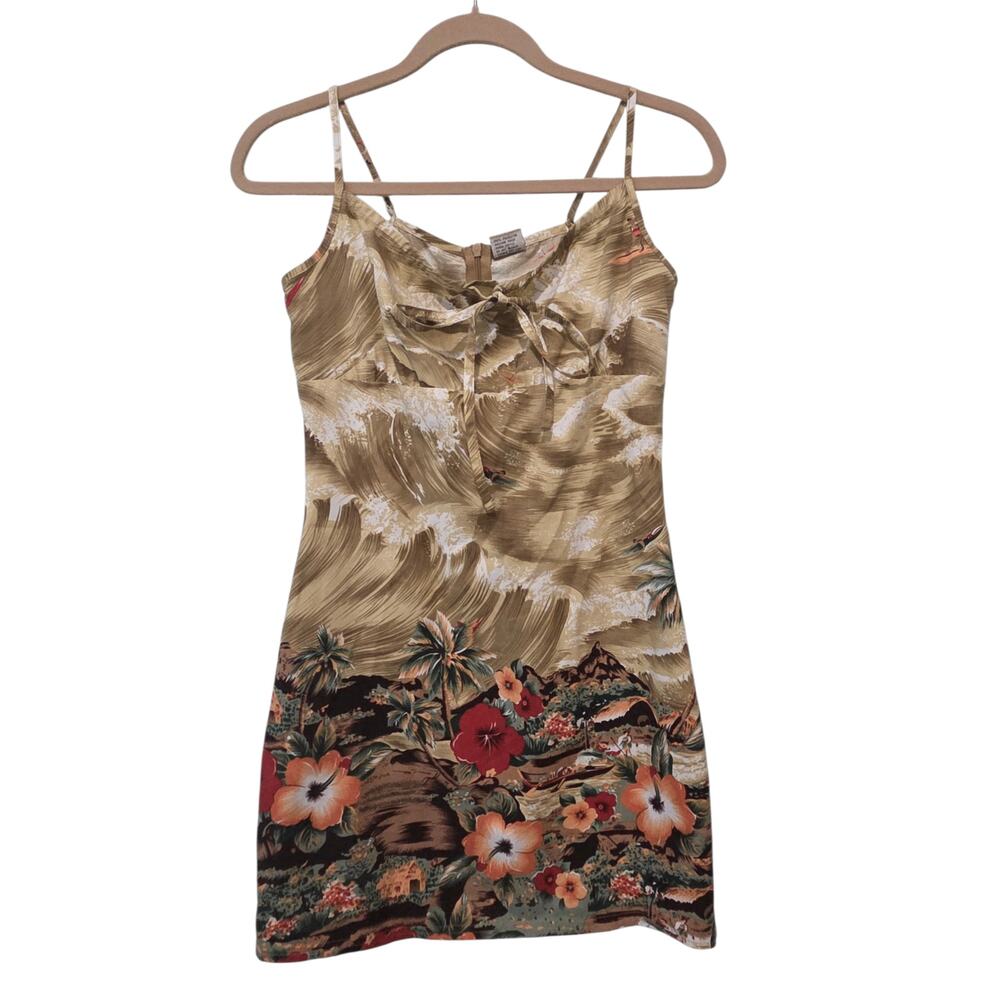 Tropical Hawaiian Sundress Mini Sz S Beach Floral Palm Tree Sunset
